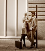 photo adulterous man woman meeting outside building